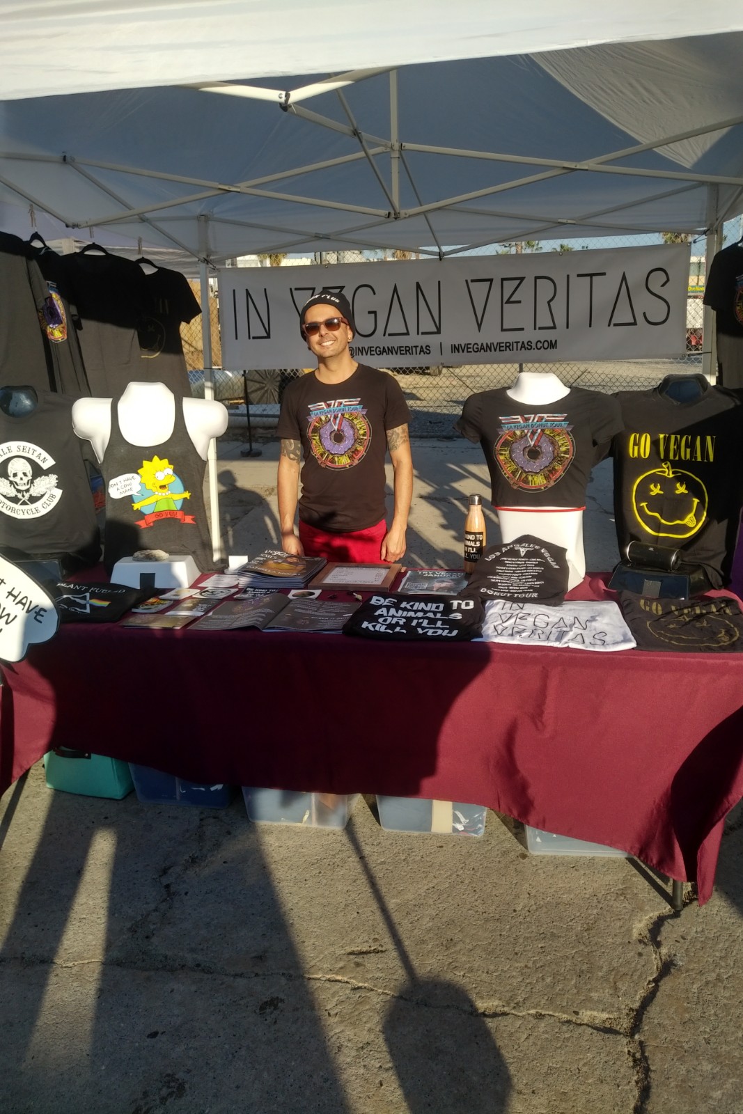 In Vegan Veritas, at Vegan Exchange LA! In Vegan Veritas is a Sweatshop-Free & Eco-Friendly La based vegan clothing brand! They also donate to non-profits dedicated to animal welfare!